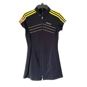 Vintage 90s RARE Adidas Black Zipper Mini Dress Yellow stripe size small